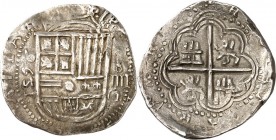 SPANIEN. 
KÖNIGREICH. 
Felipe II. 1556-1598. 4 Reales 1596 -G Granada Wappenschild / Wappenbild im Achtpaß. CC&nbsp; 3880 ff. . 

ss