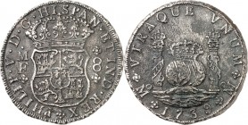 SPANIEN. 
KÖNIGREICH. 
Felipe V. 1700-1746. 8 Reales 1739 MF Mexico. Gekr. Wappen / Krone über 2 Erdkugeln zw. 2 gekr. Säulen. C.&nbsp; -&nbsp;, C./...