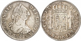 SPANIEN. 
KÖNIGREICH. 
Carlos III. 1759-1788. 4&nbsp;Reales 1775 J.R. Potosi (Bolivien) Drap. Brb. n.r. / gekr. Wappen. CC&nbsp; 11776, KM&nbsp; (Bo...