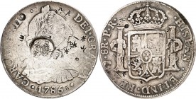 SPANIEN. 
KÖNIGREICH. 
Carlos III. 1759-1788. 8 Reales 1785 PR Potosi. mit Gegenstpl. "F.7.G." (Philippinen) u.weitere zahlreiche chines. Kontermark...
