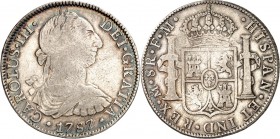 SPANIEN. 
KÖNIGREICH. 
Carlos III. 1759-1788. 8 Reales 1787 FM Mexiko. Belorbeerte Büste n.r./ gekröntes Wappen zwischen 2 Säulen. CC&nbsp; 12123, K...