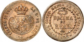 SPANIEN. 
KÖNIGREICH. 
Isabella II. 1833-1868. Cu 1/20 Real 1852 Gekröntes Wappen/ Kranz ü. 3 Zeilen. KM&nbsp; 597. . 

vz-