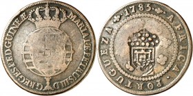 ANGOLA. 
Maria II. 1834-1853. Cu-1&nbsp;Macuta, aus 1/2&nbsp;Macuta 1785 Gekr. Wappen&nbsp;/ Wert, mit Gegenstempel gekr. Wappen (von 1837). Gomes&nb...