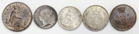 EUROPA. 
GROSSBRITANNIEN. Lot Victoria. 4 Pence 1838, 1869, 3 Pence 1856, 1/2 Penny 1864, 1870, Farthing 1865, 1866, 1/2 Farthing 1851, (8) 3 Ag, 5 C...