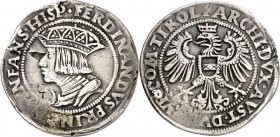 Römisch Deutsches Reich. 
Ferdinand I. Erzherzog, dann König (1521-)1556-1564. Pfundner (12 Kreuzer) 1524 Hall. Gekr. Büste n.l. / Wappen. Markl&nbsp...