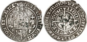 Aachen-Stadt. 
z.Z. Reinald I. von Jülich (Pfandbesitz) 1402-1423. Turnosgroschen 1411. 1,84g. SCS: CAROL: MA-G:IPERATO'* Hüftbild Karls d.Gr. v.v. l...