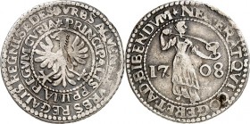 Aachen-Stadt. 
z.Z. Josef I. 1705-1711. Ratszeichen zu 8 Mark 1708 Adler n. l. im doppelten Umschriftkreis / Frau füllt ein Römerglas aus einer Weink...