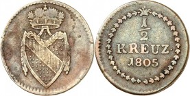 Baden-Durlach. 
Karl Friedrich 1738-1803 (-1806 -1811). Cu-1/2 Kreuzer 1805 Gekr. spitzer Wappenschild mit Girlande / 3 Z. Wert u. Jahr im Kranz. Wie...