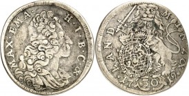 Bayern. 
Maximilian II. Emanuel 1679-1726. 30&nbsp;Kreuzer 1719. Drap. Brb. n.r. / Löwe hält Kurwappen. Hahn&nbsp; 196, Witt.&nbsp; 1655&nbsp;Anm. . ...