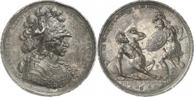 Bayern. 
Maximilian II. Emanuel 1679-1726. Medaille 1689 (v.&nbsp;P.H.Müller) a. d. Feldzug gegen Frankreich. Geharn. behelm. Brb. n.r.&nbsp;/ "These...
