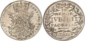 Sachsen/-Gotha-Altenburg. 
Friedrich III. 1732-1772. Groschen 1755 auf das 200jährige Jubiläum des Religionsfriedens. Gekr. Wappen / 4 Z. Schrift in ...