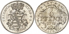 Sachsen/-Gotha-Altenburg. 
Friedrich III. 1732-1772. 6 Pfennig 1756 Wappen in gekr. Kartusche / 3 Z. Wert und Jahr in Kartusche, darunter Mmz. L.C.K....