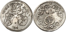 Sachsen/-Alt-Weimar. 
Johann Ernst u. s. fünf Brüder 1622-1626. Dreier 1622 Weimar 3 Wappen / Reichsapfel in Kartusche. Slg.Merseb.&nbsp; 3847, Koppe...