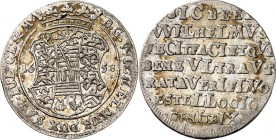 Sachsen/-Neu-Weimar. 
Wilhelm 1640-1662. Spruchgroschen 1658 a. d. Vollendung d. Schlossbaues. Fürstenwappen / 7 Z. Widmung in latein. Sprache u. Ver...