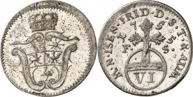 Sachsen/-Weimar-Eisenach. 
Franz Josias von Sachsen-Coburg-Saalfeld, Vormund 1749-1755. 6 Pfennig 1755 Fünffeldriges Wappen in 13 mm breiter gekrönte...