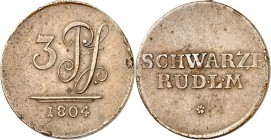 Schwarzburg/-Rudolstadt. 
Ludwig Friedrich II. 1793-1806(-1807). Cu-3 Pfennig 1804 2 Z. Schrift / 2 Z. Wert und Jahr. Fischer&nbsp; 595, J.&nbsp; 23,...