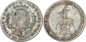 Stolberg/-Stolberg. 
Friedrich Botho und Karl Ludwig 1761-1768. 2/3&nbsp;Taler (1/2&nbsp;Konv.-Taler) 1764 C. Fürstenwappen&nbsp;/ Hirsch n.l. vor Sä...