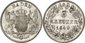 Baden. 
Leopold 1830-1852. 3 Kreuzer 1849. AKS 103, J. 53. . 

kl. Fleck, vz