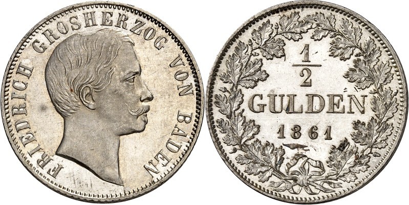 Baden. 
Friedrich I. 1856-1907. 1/2 Gulden 1861. AKS 127, J. 75b. . 

m.Rf.,S...