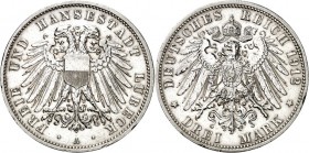 KAISERREICH. 
LÜBECK, Freie und Hansestadt. 
3 Mark 1912 Stadtadler breit. J. 82. . 

min.Rf.,vz