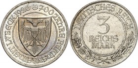 WEIMARER REPUBLIK. 
GEDENKMÜNZEN. 
3 Reichsmark 1926A Lübeck. J. 323. . 

vz-St