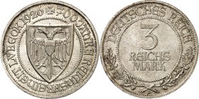 WEIMARER REPUBLIK. 
GEDENKMÜNZEN. 
3 Reichsmark 1926A Lübeck. J. 323. . 

vz