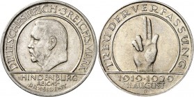 WEIMARER REPUBLIK. 
GEDENKMÜNZEN. 
3 Reichsmark 1929D Verfassung. J. 340. . 

min.Rf.vz+