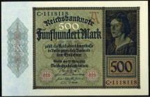 Inflation von 1919/1924.
500 Mark 27.3.1922 Serie A,C. Ros. 70, Grab. DEU 80. (2).

I