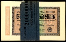 Inflation von 1919/1924. 
20.000 Mark 20.2.1923 Wz.Wellen FN= Druckerei Naumann Frankfurt a.M., 100 Stück in Originalbanderole und durchlaufende Nrn....