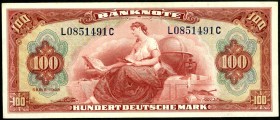 Bundesrepublik. 
Bank Deutscher Länder. 
100 Deutsche Mark 1948 rot, KN L- C. Ros. 244. . 

II