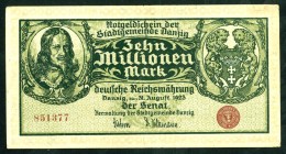 Deutsche Nebengebiete und Kolonien. 
DANZIG. 
10 Mio. Mark 31.8.1923 Wz.Tropfen. Ros. 804a/DAN 28. . 

II-