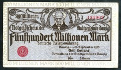 Deutsche Nebengebiete und Kolonien. 
DANZIG. 
500 Mio. Mark 26.9.1923 grauer Randdruck. Ros. 807a. . 

II-