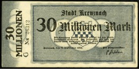 RHEINLAND/-PFALZ. 
Kreuznach, Stadt. 1,5 Mio.Mark Mark 10.8.1923 -1.9.1923,2x30 Mio.Mark 10.9.1923(Wz.Rhein.Wellen und Schuppen),30 Mio.Mark 10.9.192...