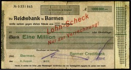 RHEINLAND.
Barmen, Barmer Creditbank. 3 x 1 Mio.Mark 2.8.1923 und 1 x 3 Mio.Mark 15.8.1923.(Lohn-Scheck auf Reichsbank). Ke. 238e,f, v.E. 34.3a,7. (4...