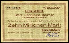 RHEINLAND.
Barmen, Bemetall-Werk Lambach&Bauer. 500.000 Mark, 1 (2x),5, 10 Mio.Mark 15.9.1923 Auf 500.000 Mark das Datum 10.9.1923 Überdruck auf 1.9....