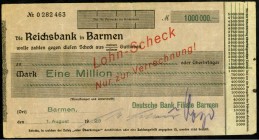 RHEINLAND. 
Barmen, Deutsche Bank. 4 x 1 Mio.Mark 1.8.1923 -15.8.1923.Lohn-Scheck auf Reichsbank.Wz.Reichsbank. v.E. 46.4,5. (4). 

IV