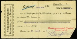 RHEINLAND.
Barmen, Konsumverein. 3 Mio.Mark 15.8.1923. v.E. 71.1. .

Entwertet,hintenkleb. III