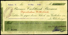 RHEINLAND.
Barmen, Otto Leckebusch. 2 Mio.Mark 14.8.1923 Kundencheck auf Barmer Creditverein, Depositenkasse Wertherbrücke. v.E 72.1. .

III