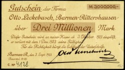 RHEINLAND. 
Barmen, Otto Leckebusch. 1,2x3 Mio Mark 21.8.1923 -1.12.1923.(3 Mio.Mark 3.9.1923). v.E 72.2, 3, 4. (3). 

III