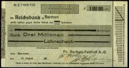 RHEINLAND.
Barmen, Pf.Bartels-Feldhoff-AG. 3 Mio. Mark 14.8.1923 Lohnscheck a. d. Reichsbank. Ke.&nbsp; 239b, v.E 38.3. .

III