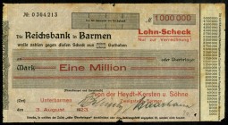 RHEINLAND. 
Barmen, v.d.Heydt-Kersten & Söhne. 1 Mio.Mark 3.8.1923 Schecks auf Reichsbank in Barmen. Wz Reichsbank. v.E.&nbsp; 59.1. . 

IV.R.