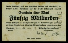 WESTFALEN/-LIPPE. 
Werdohl, Arbeitgeberverband. 50 Mrd. Mk. 27.10.1923 (mit Lochung A.S.K.G). Topp. 889.14, Ke. 5555e. R!. 

fleckig,III
