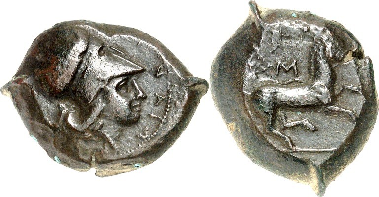SIZILIEN. 
AITNA. 
AE-Hemilitron 20/23mm (405/401 v.Chr.) 15,27g. Athenakopf n...