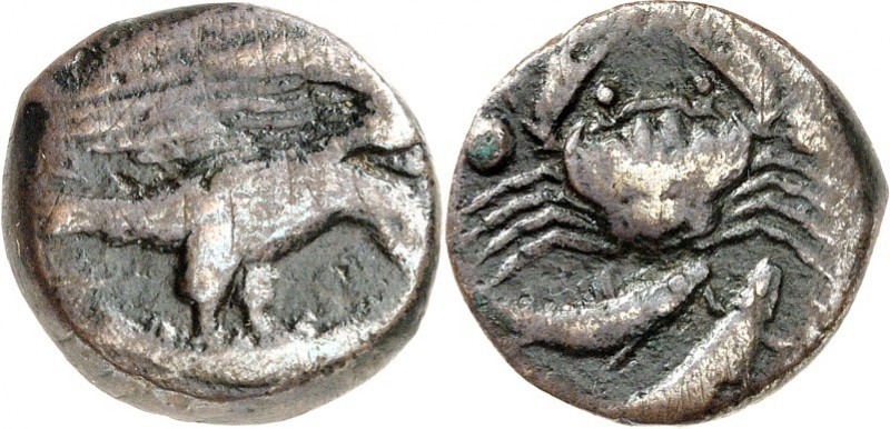 SIZILIEN. 
AKRAGAS (Agrigento). 
AE-Hexas 20/19mm (425/406 v.Chr.) 7,41g. Adle...