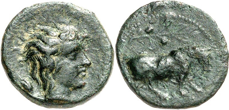 SIZILIEN. 
GELA (Gela). 
AE-Onkia 17mm (420/405 v.Chr.) 3,29g. Kopf des jugend...