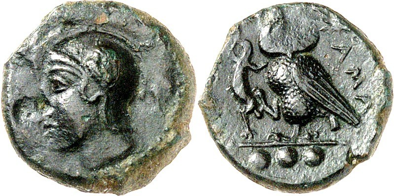 SIZILIEN. 
KAMARINA. 
AE-Tetras 14/15mm (um 410 v.Chr.) 3,33g. Kopf der Athena...