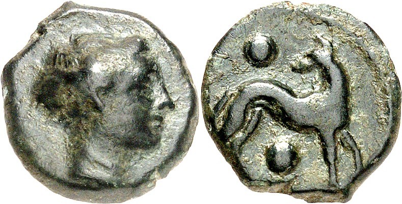 SIZILIEN. 
SEGESTA. 
AE-20mm 4. Jh. v. Chr. 6,93g. Kopf der Nymphe n.r. / Hund...