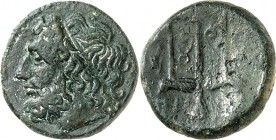 SIZILIEN. 
SYRAKUS (Siracusa). 
Hieron II. 275-216 v. Chr. AE-Hemilitron 18,5mm 5,25g. Poseidonkopf n.l.&nbsp;/ Dreizackfluke zw. 2&nbsp;Delfinen; u...