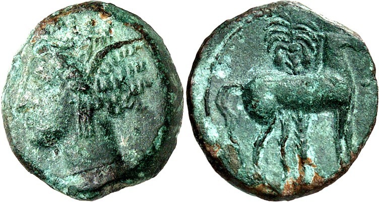 SIZILIEN. 
SIKILOPUNIER. 
AE-17/16mm (310/290 v.Chr.) 2,89g. Tanitkopf n.l.&nb...