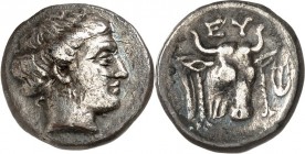 EUBOIA. 
STÄDTE. 
ERETRIA (bei Nea Psara). Stater (369/313 v.Chr.) 3,06g. Kopf der Nymphe n.r. / Geschmückter Bullenkopf v. v. , rechts Lyra, oben E...